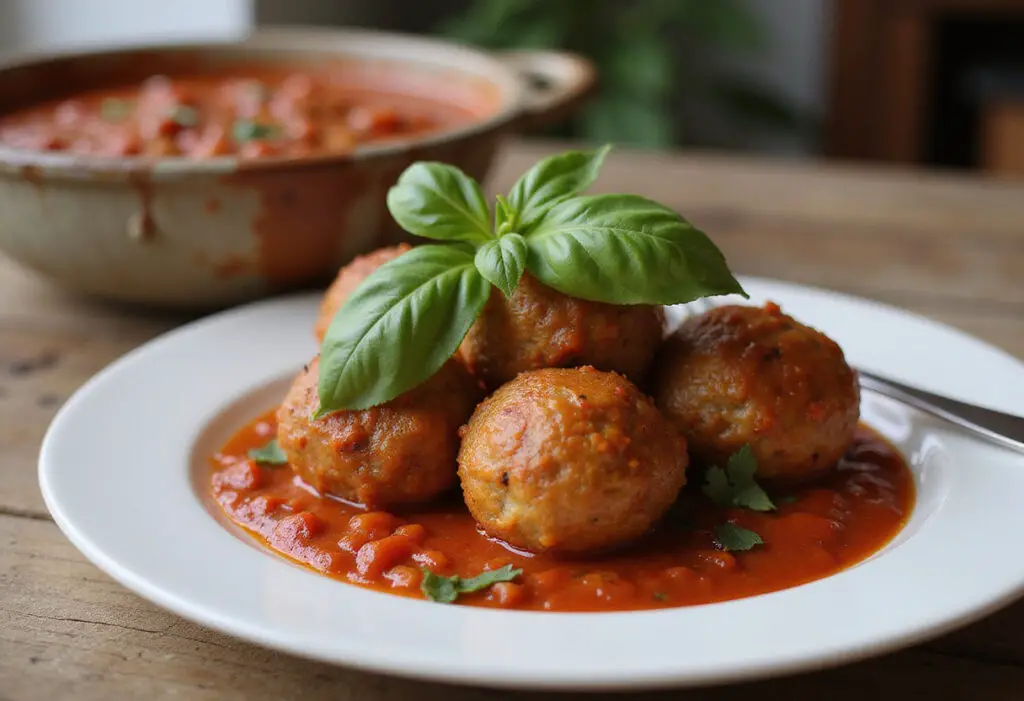 Finished homemade 4C bread crumbs meatballs with marinara sauce and basil.