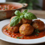 Finished homemade 4C bread crumbs meatballs with marinara sauce and basil.