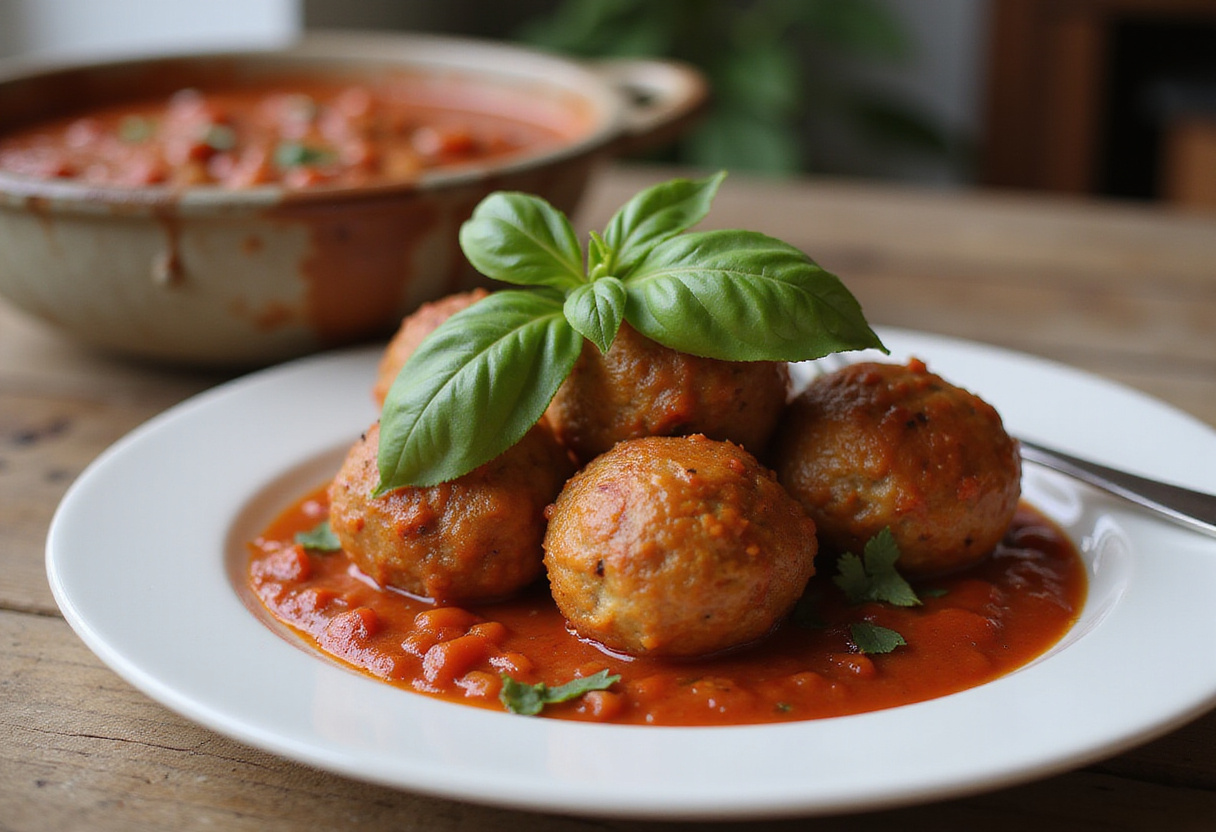 Finished homemade 4C bread crumbs meatballs with marinara sauce and basil.
