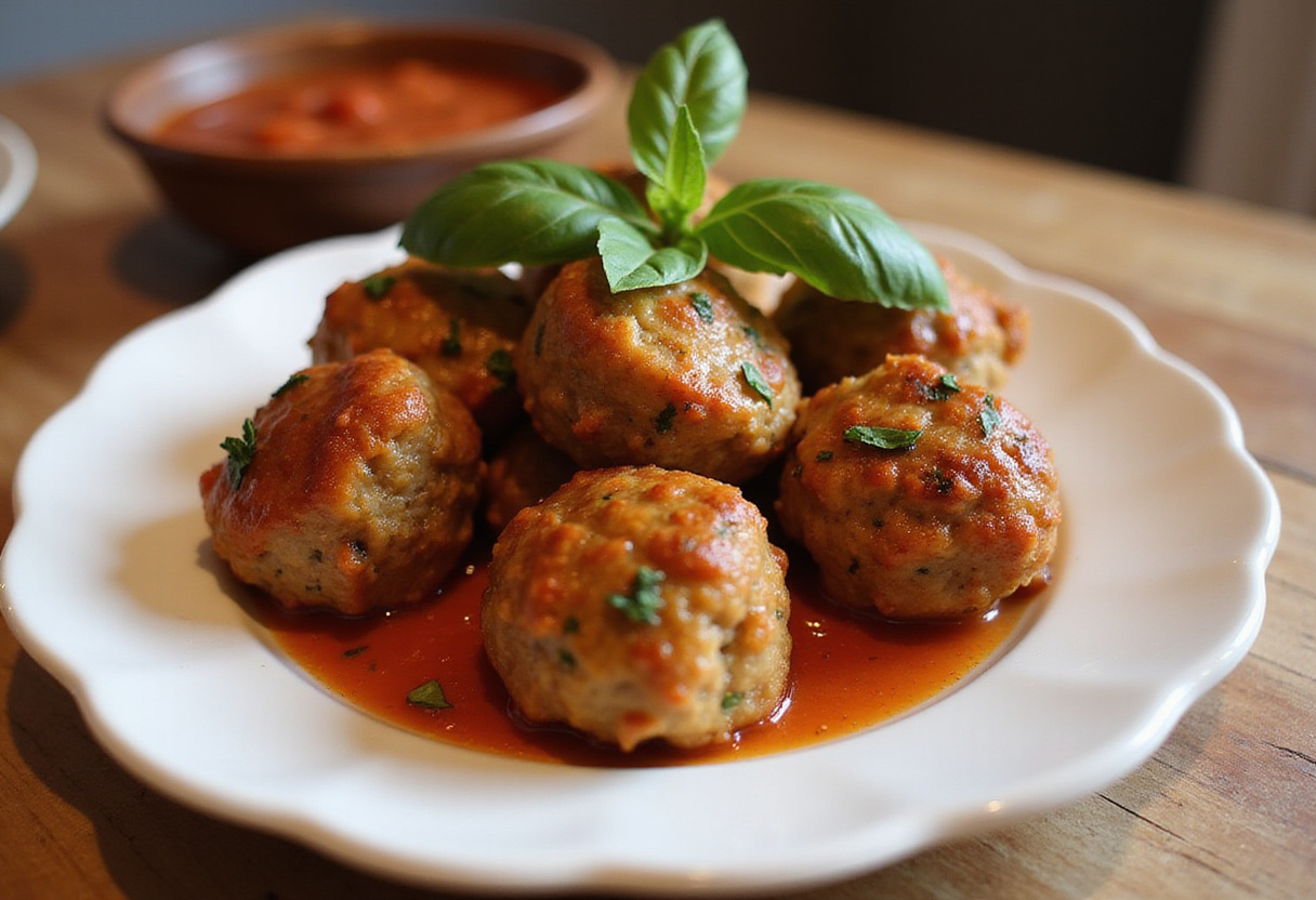 Finished homemade 4C bread crumbs meatballs with marinara sauce and basil.