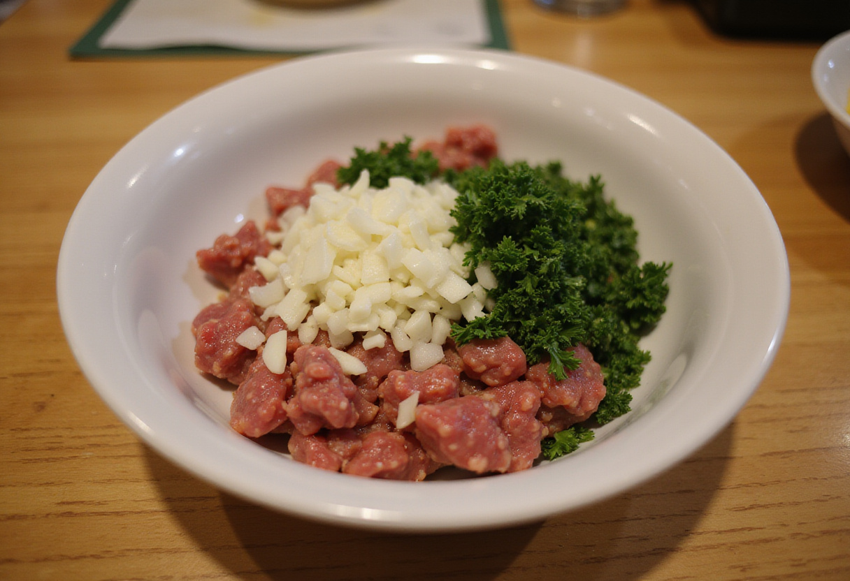 Ground meat mixture with onions, garlic, and parsley for homemade meatballs.