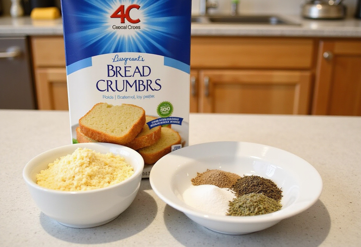 4C bread crumbs, parmesan cheese, and spices ready for meatball recipe.
