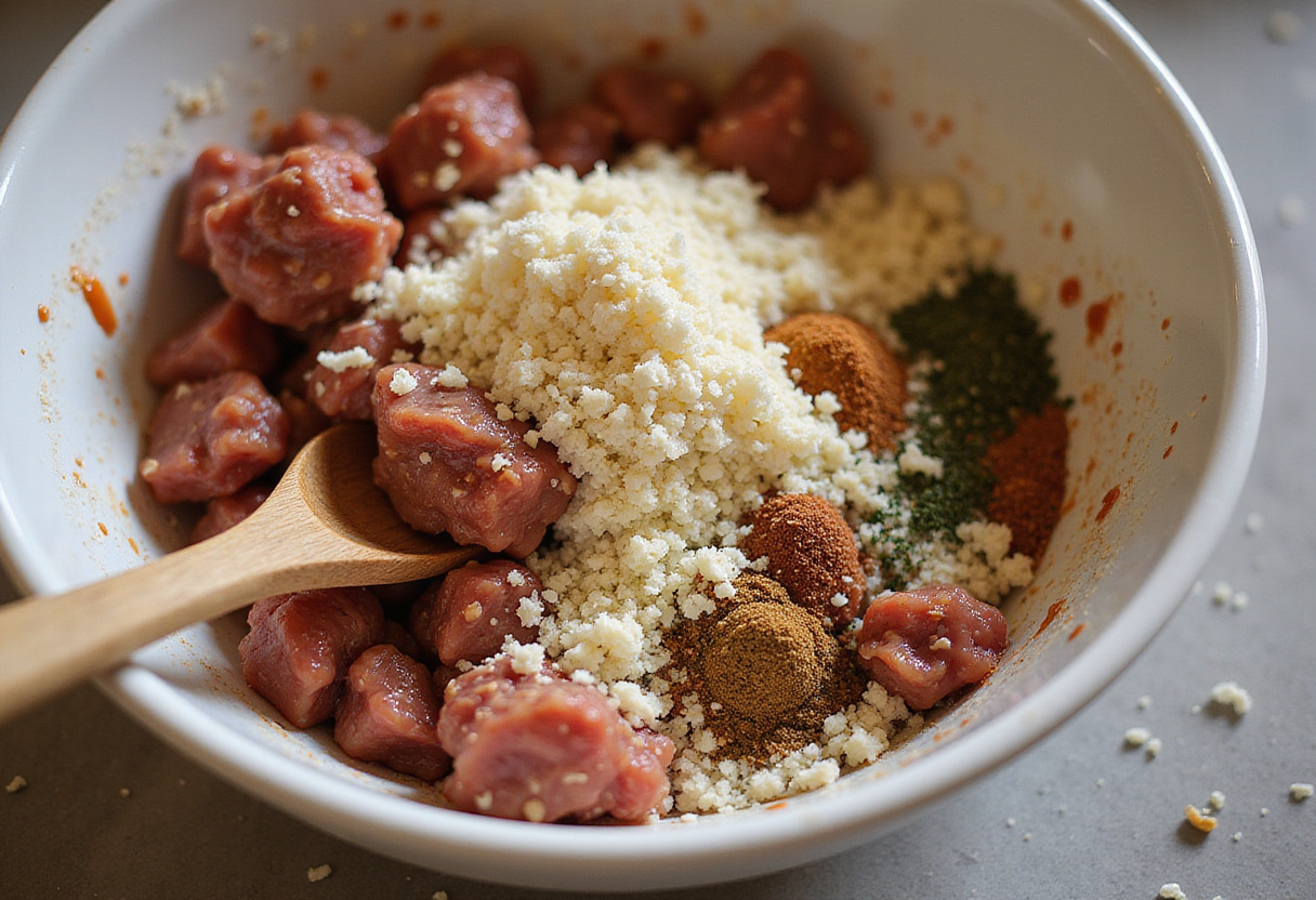 Mixing ground meat, bread crumbs, cheese, and spices for homemade meatballs.