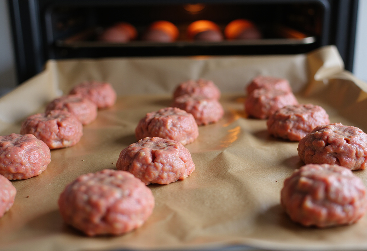 Raw homemade meatballs on a baking sheet ready for baking.