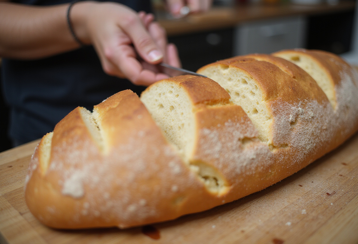 Italian bread being sliced for Homemade Cunetto's Garlic Cheese Bread Recipe.