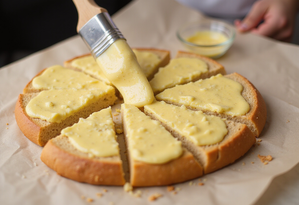 Brushing garlic butter on Italian bread for Garlic Cheese Bread Recipe.