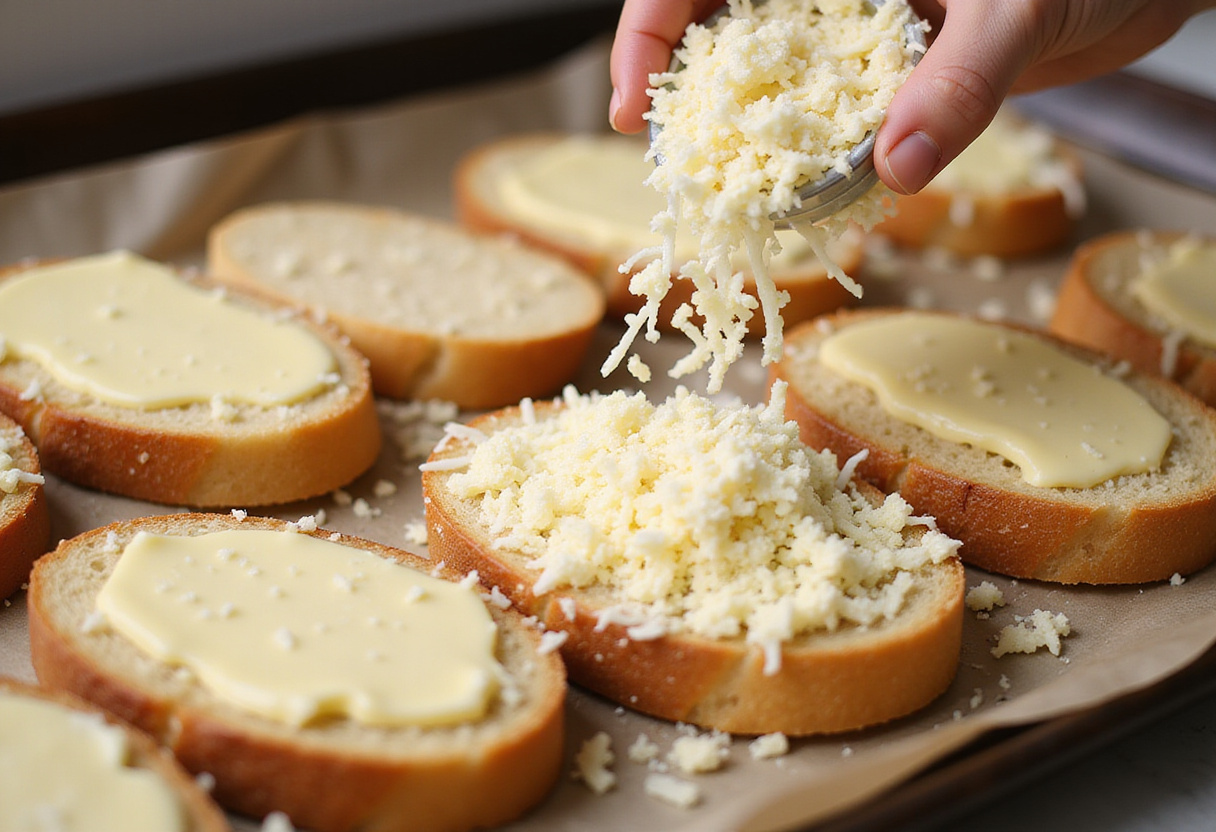 Adding cheese to the garlic buttered bread for Homemade Garlic Cheese Bread.