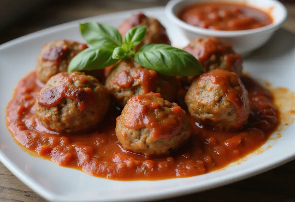 Finished 4C bread crumbs meatballs with basil and marinara sauce.