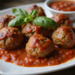 Finished 4C bread crumbs meatballs with basil and marinara sauce.
