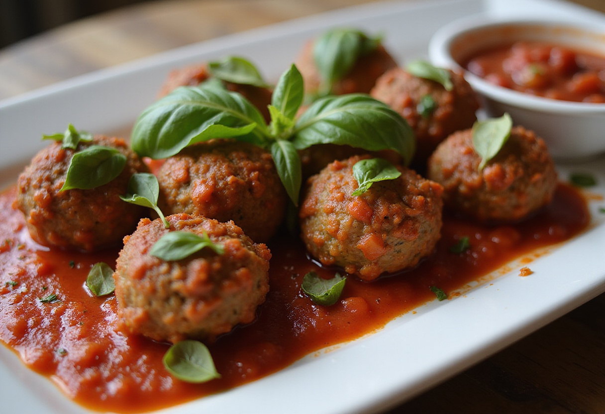 Finished 4C bread crumbs meatballs with basil and marinara sauce.