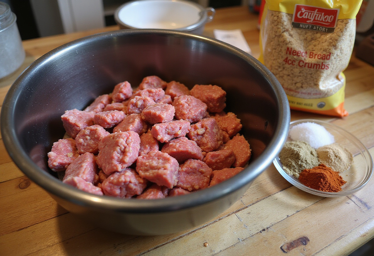 Ground meat with 4C bread crumbs ready for meatball preparation.