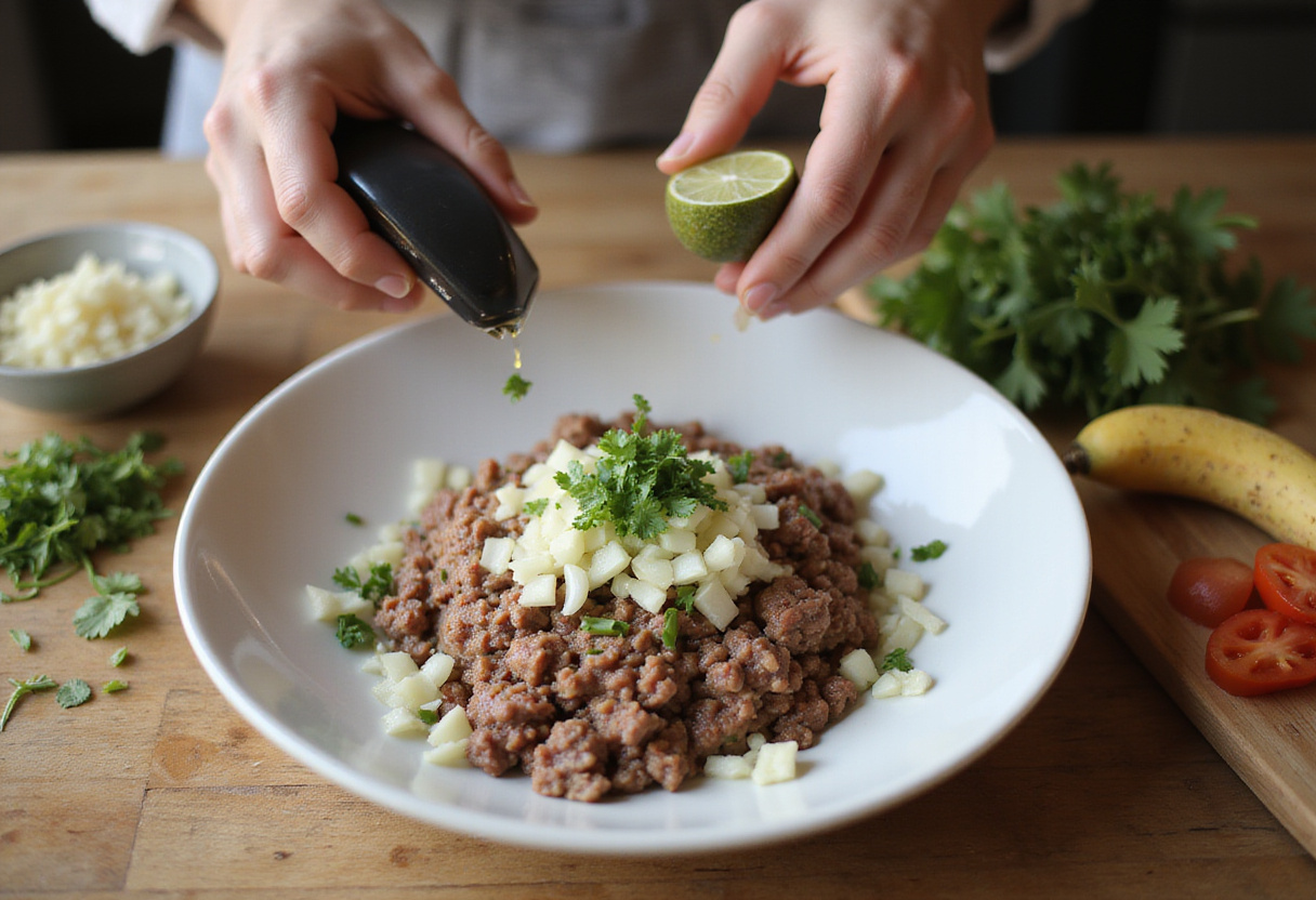 Adding chopped vegetables and herbs to meatball mixture.