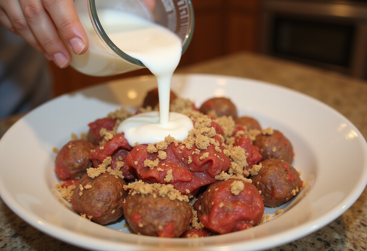 Adding milk and egg substitute to meatball mixture with bread crumbs.