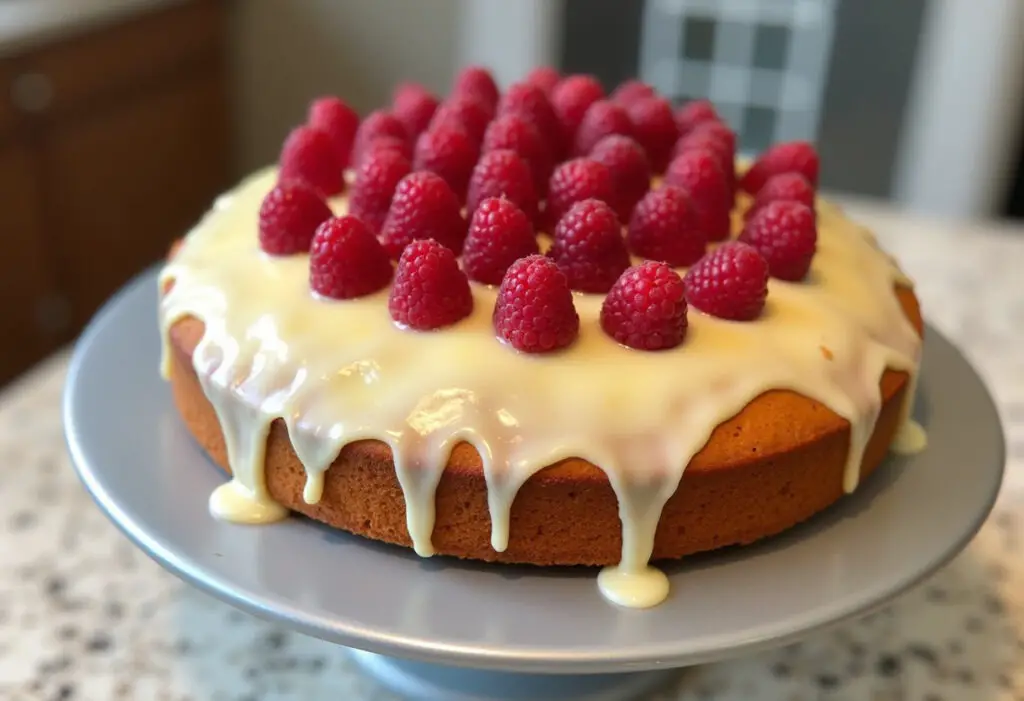 Finished Raspberry Lemon Cake with fresh raspberries and lemon glaze, perfect for dessert.