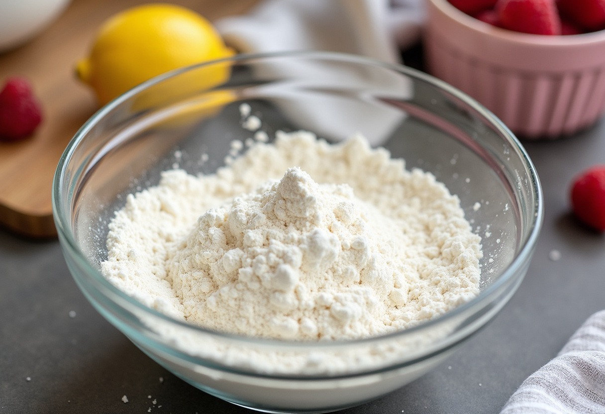 Dry ingredients sifted in a mixing bowl for Raspberry Lemon Cake preparation.