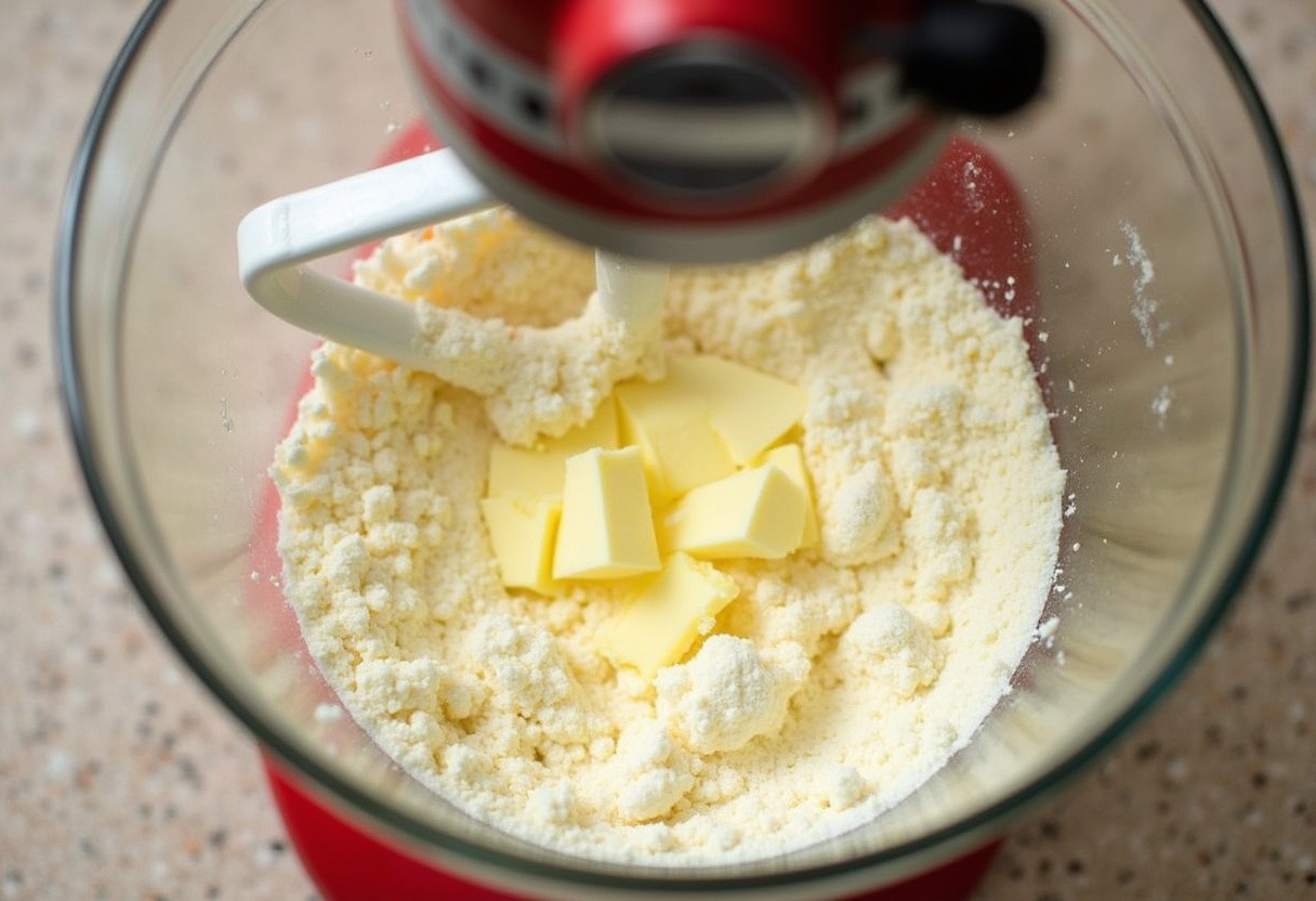 Butter being mixed into dry ingredients for Raspberry Lemon Cake batter.