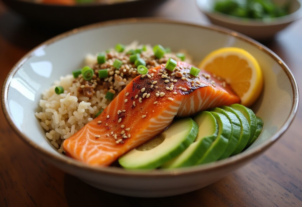 Finished Salmon Rice Bowl with fresh ingredients and garnishes.