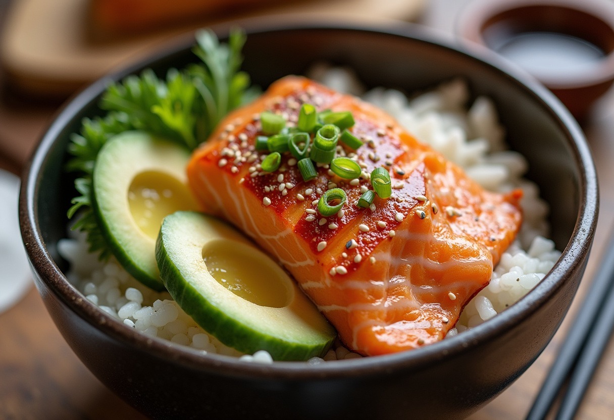 Finished Salmon Rice Bowl with fresh ingredients and garnishes.