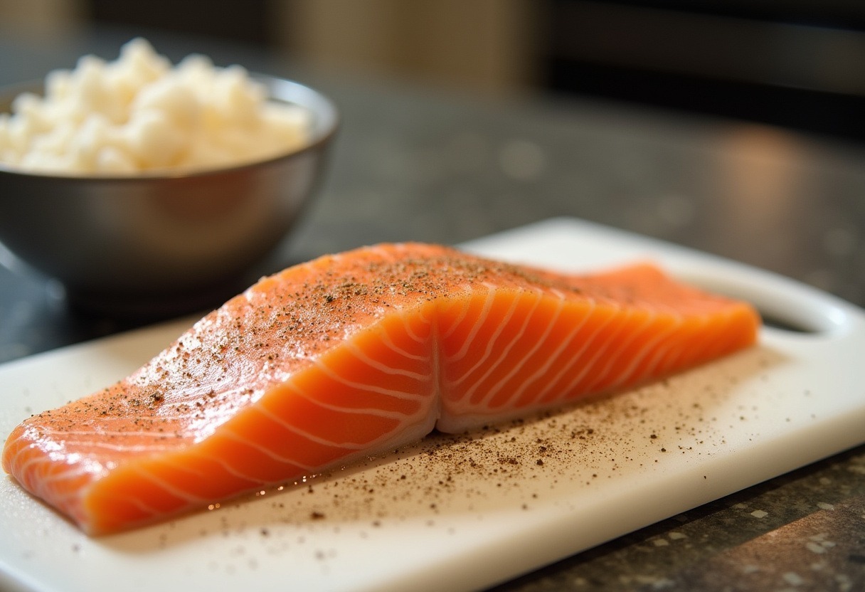 Fresh salmon fillet seasoned and ready for Salmon Rice Bowls.