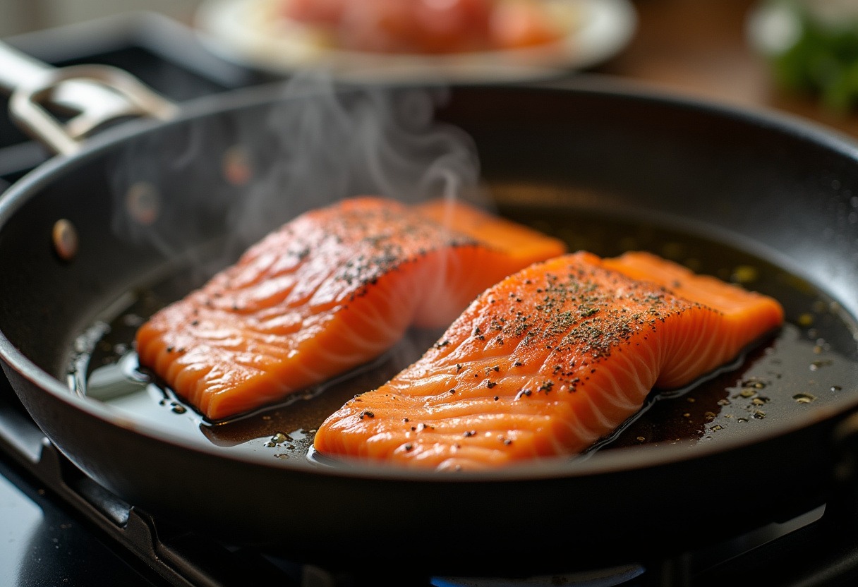 Salmon fillet searing in a skillet for Salmon Rice Bowls.