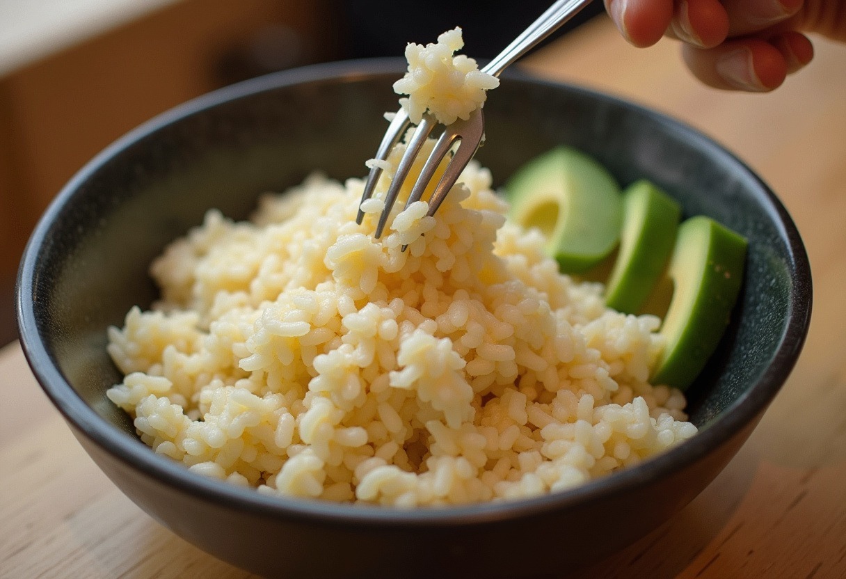 Fluffy rice with avocado and cucumber prepared for Salmon Rice Bowls.