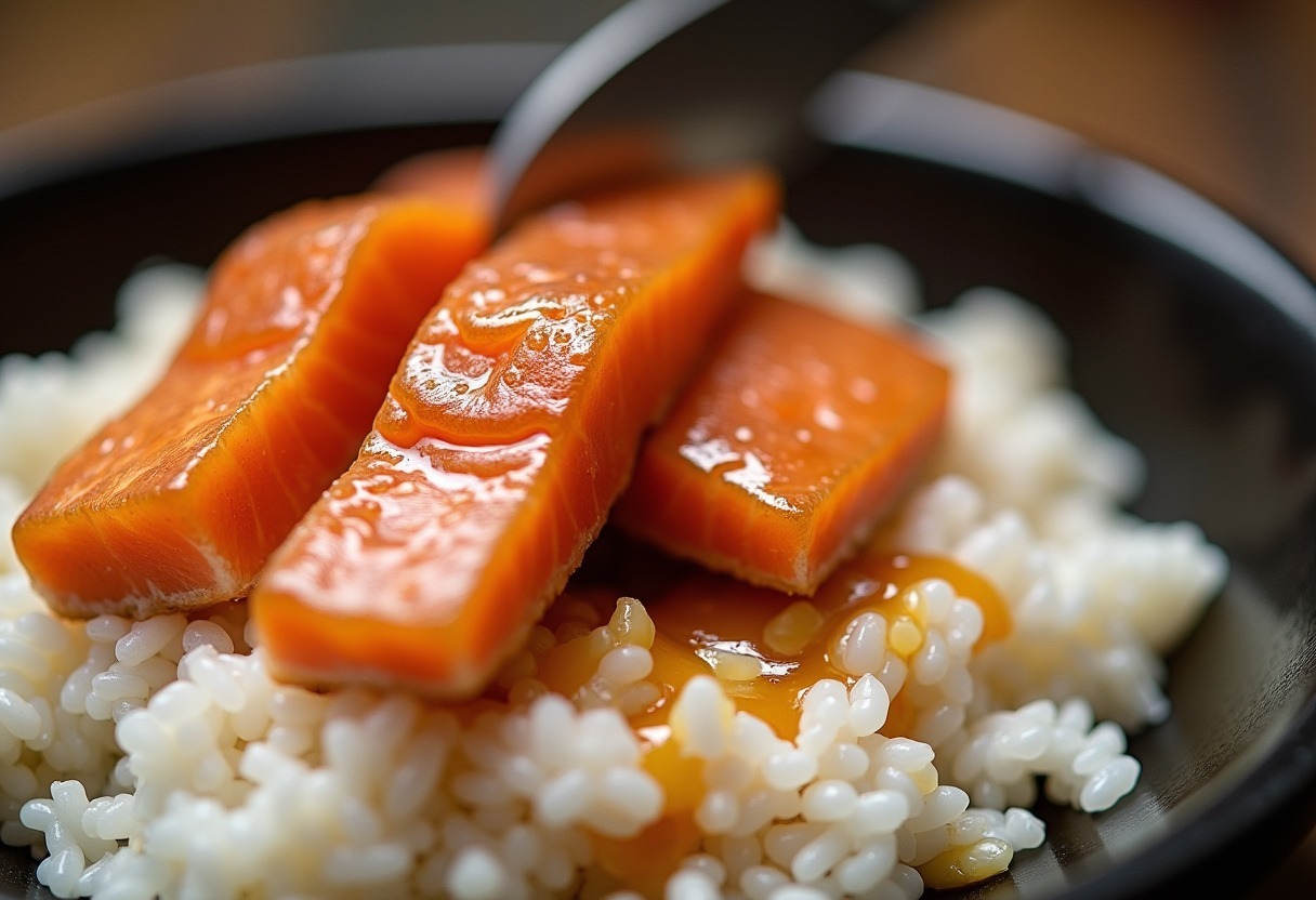 Sliced salmon placed on rice for Salmon Rice Bowls.