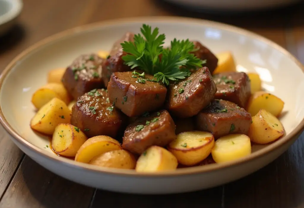 Finished Slow Cooker Garlic Butter Beef Bites & Potatoes, garnished with parsley.