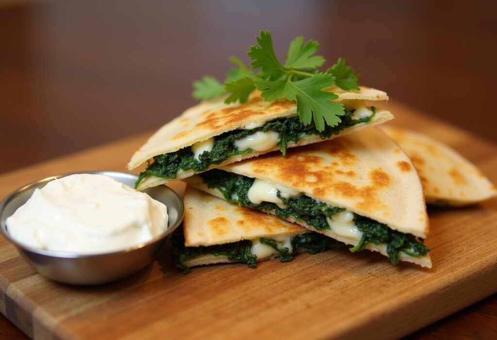 Finished Spinach and Feta Quesadilla with fresh cilantro and sour cream, ready to serve.