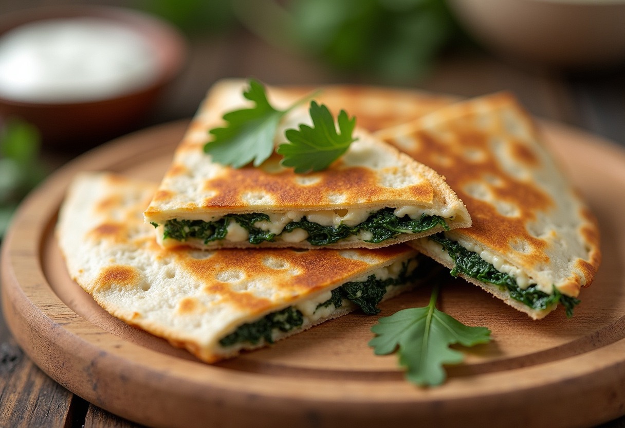 Finished Spinach and Feta Quesadilla with fresh cilantro and sour cream, ready to serve.