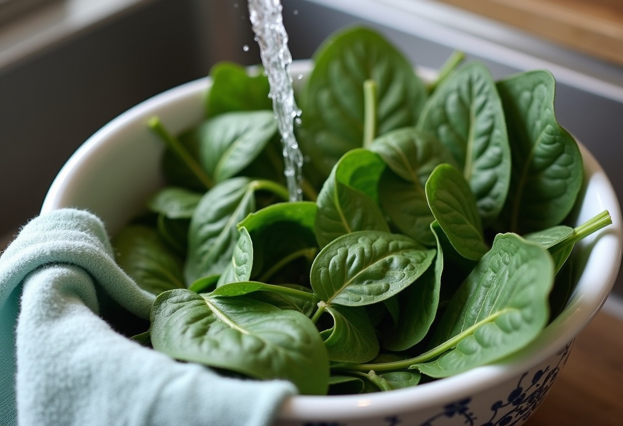 Fresh spinach leaves being washed for Spinach and Feta Quesadillas.