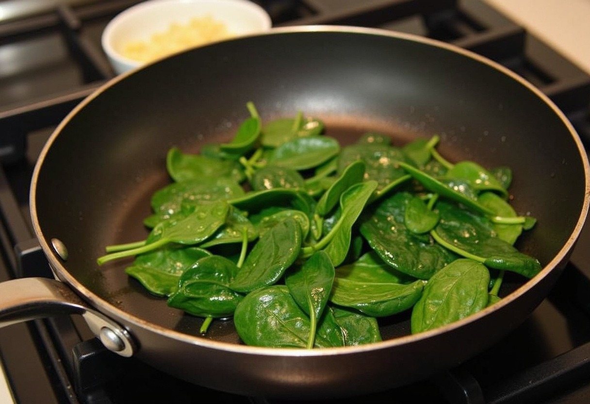 Skillet heating with olive oil for sautéing spinach in Spinach and Feta Quesadillas.