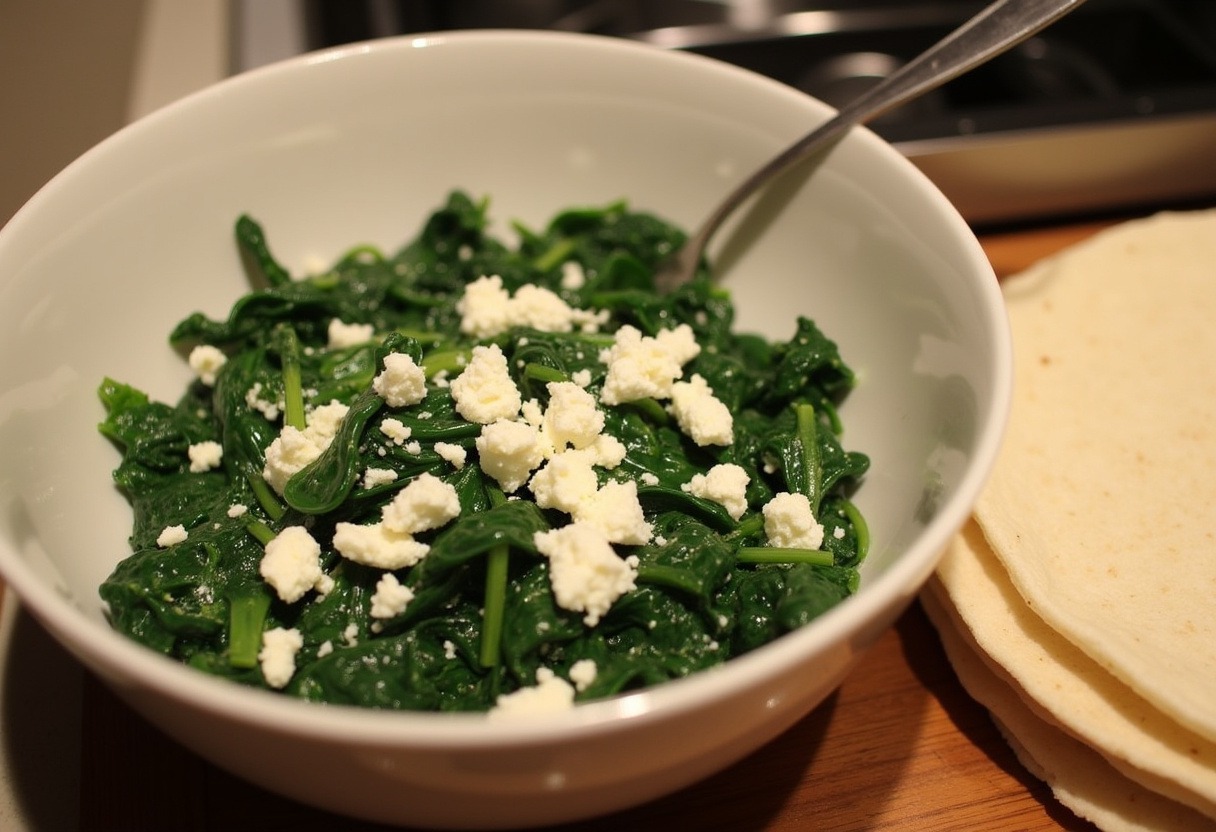 Sautéed spinach mixed with crumbled feta cheese for Spinach and Feta Quesadillas.