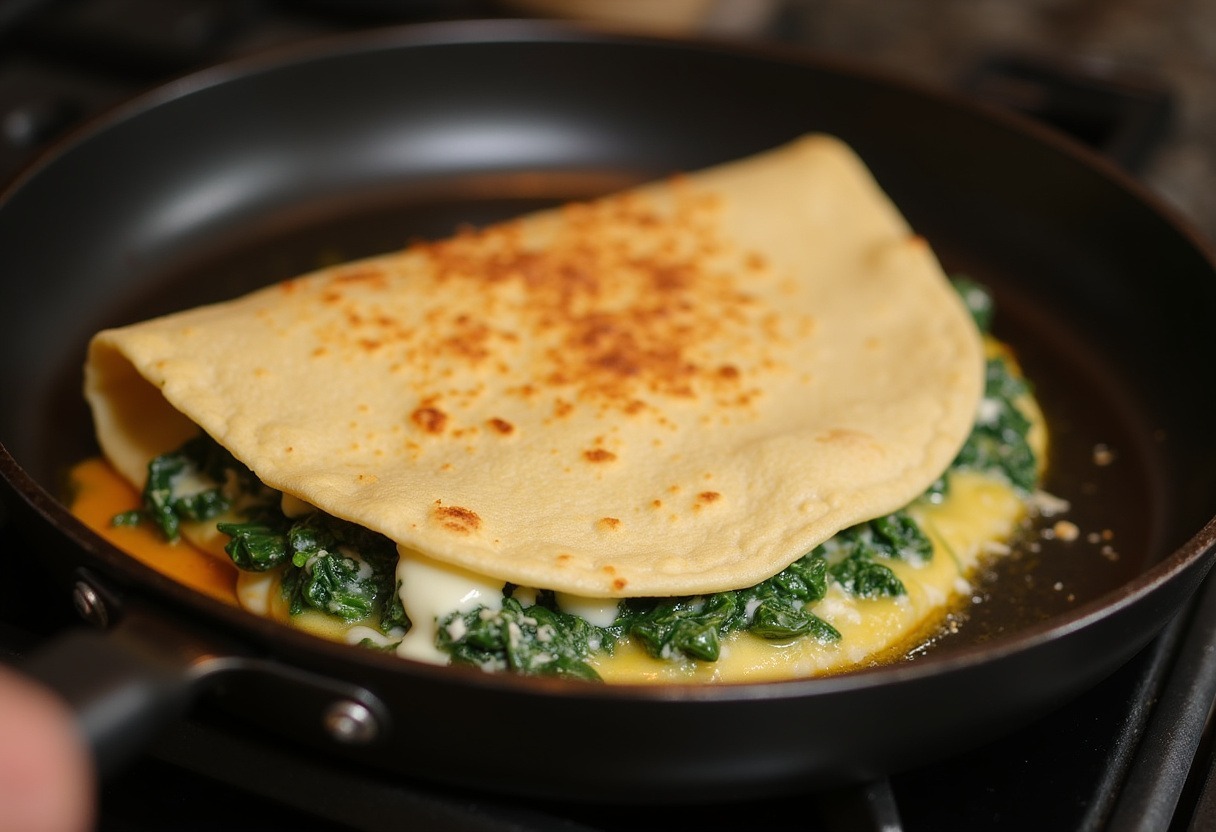 Tortilla being folded with spinach and feta filling for quesadillas.