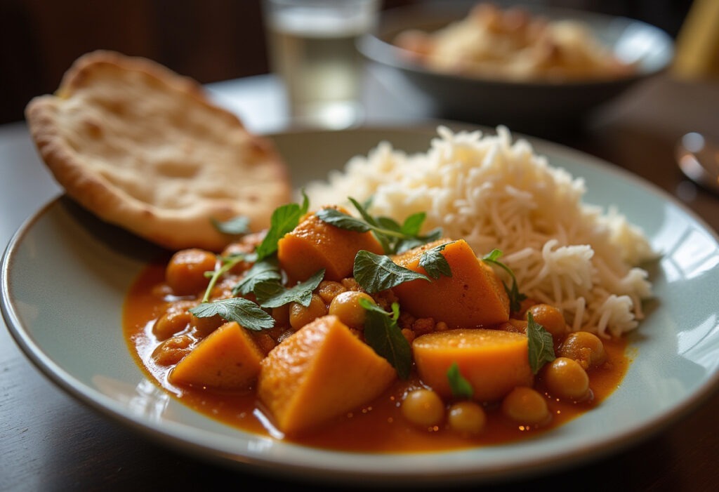 Delicious Sweet Potato and Chickpea Curry served with rice and naan, ready to enjoy.
