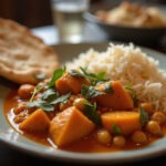 Delicious Sweet Potato and Chickpea Curry served with rice and naan, ready to enjoy.