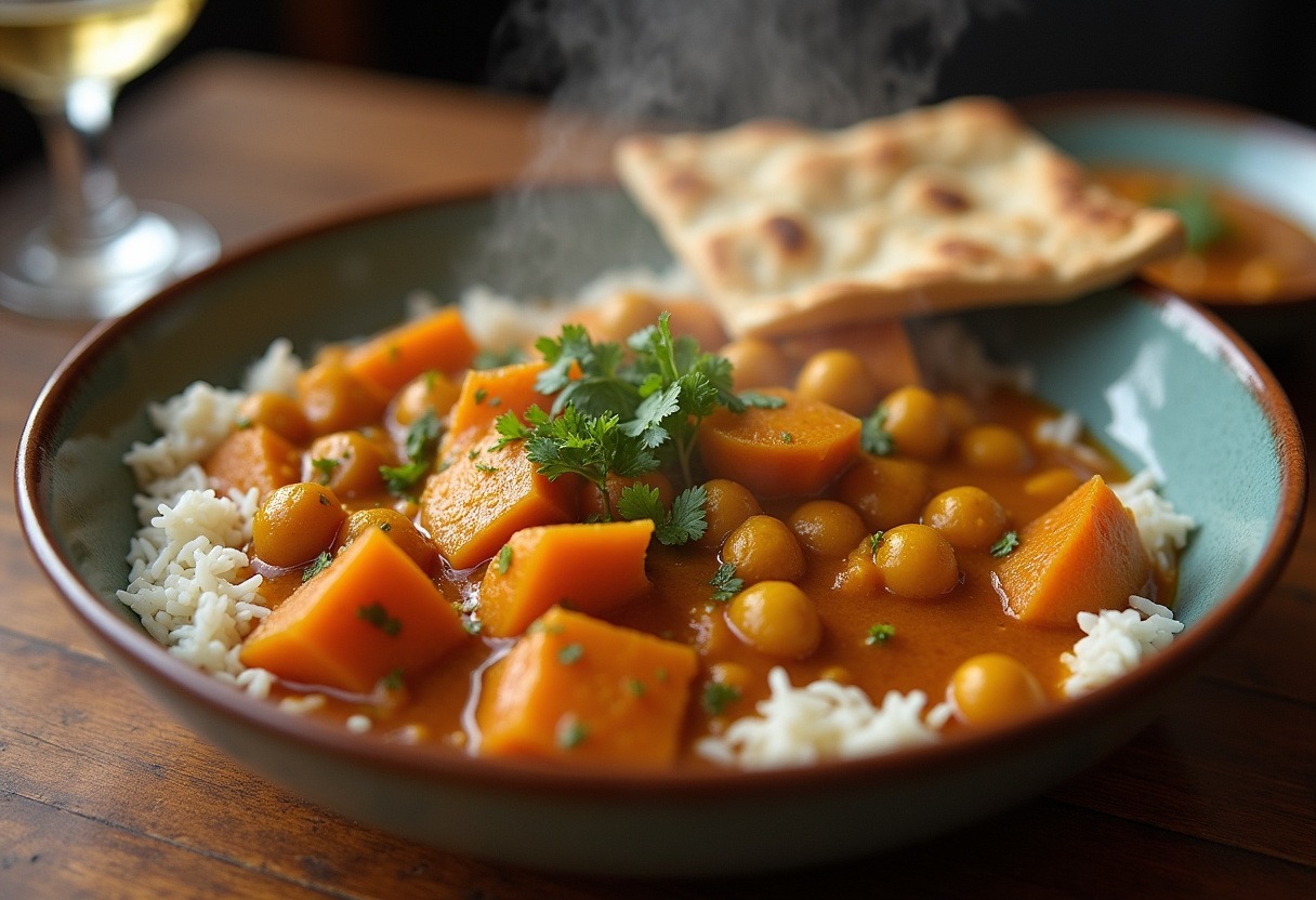 Delicious Sweet Potato and Chickpea Curry served with rice and naan, ready to enjoy.