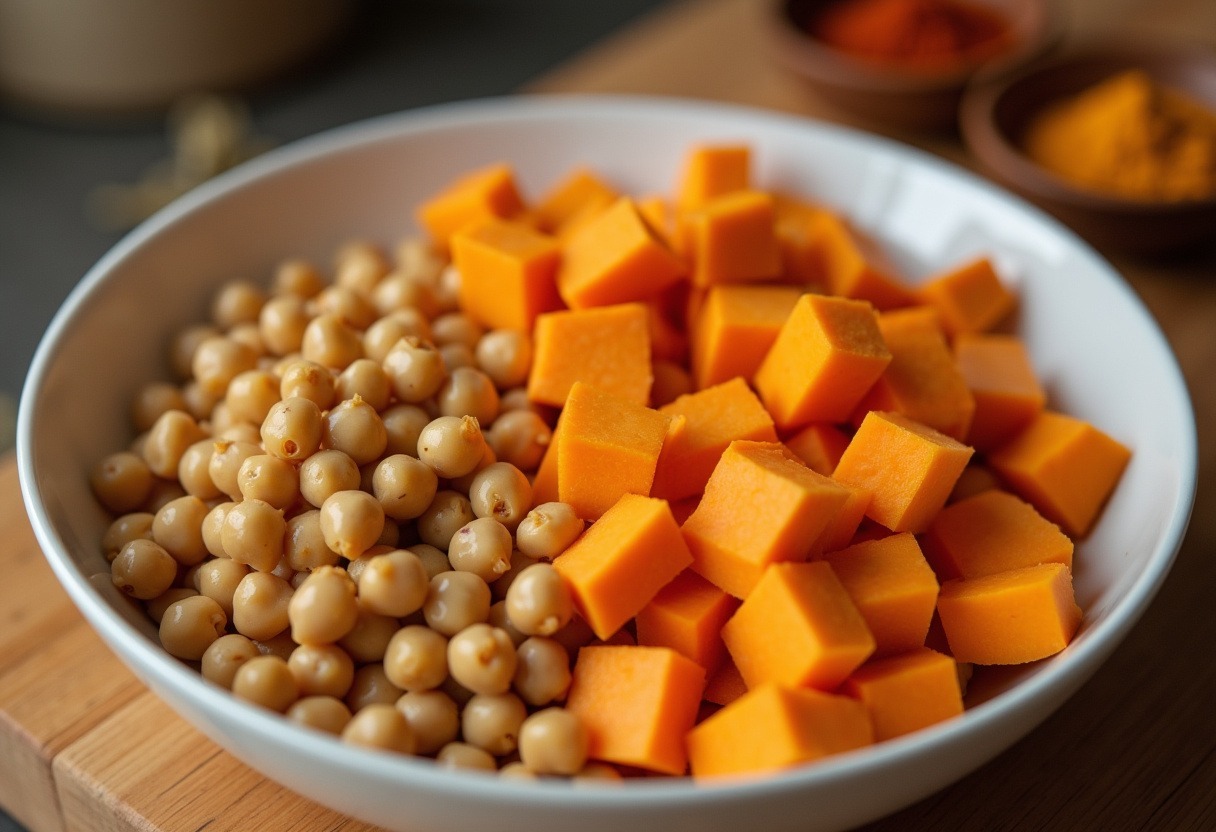 Diced sweet potatoes and chickpeas prepared for Sweet Potato and Chickpea Curry.