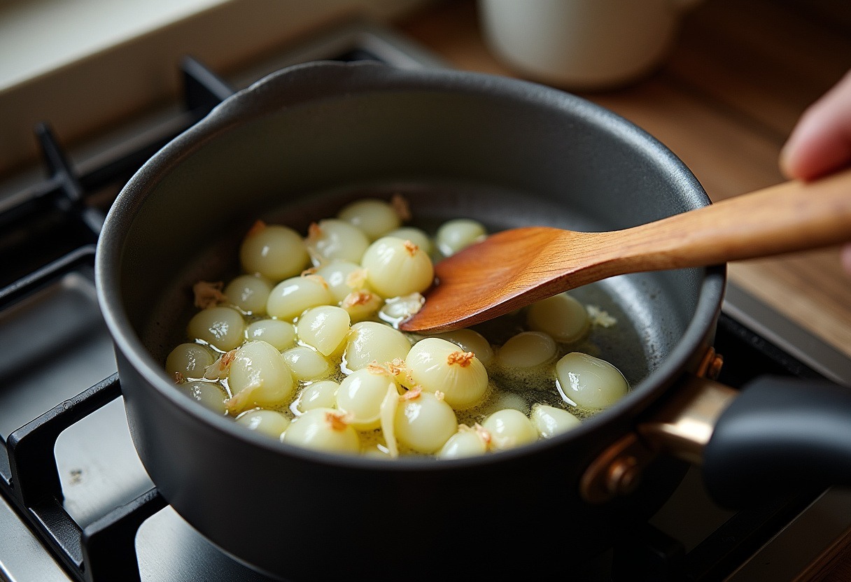 Onions and garlic sautéing in olive oil for Sweet Potato and Chickpea Curry.