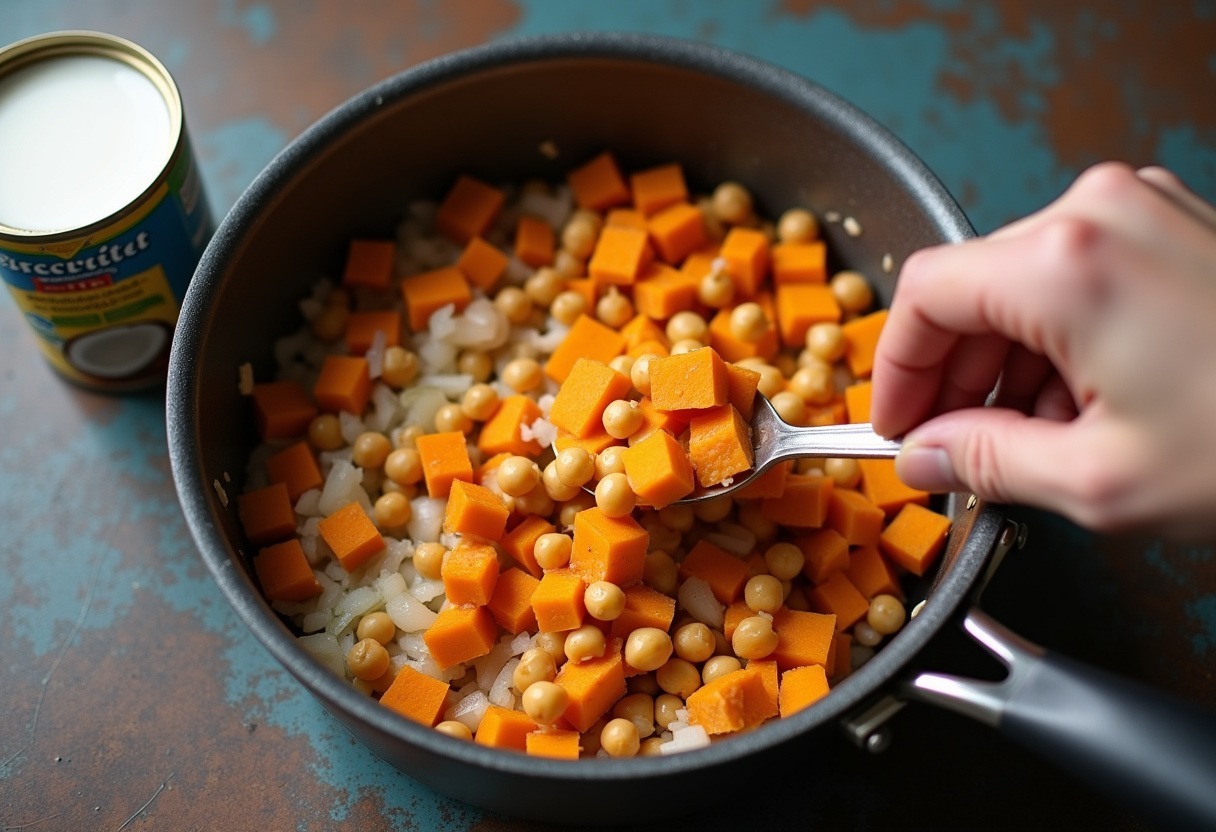 Sweet potatoes and chickpeas being added to the saucepan for curry preparation.