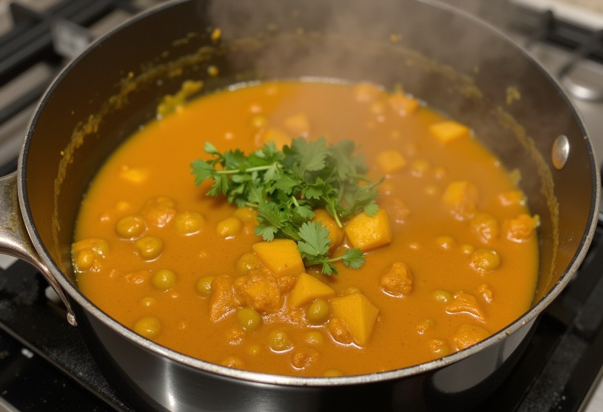 Simmering Sweet Potato and Chickpea Curry with fresh cilantro garnish.