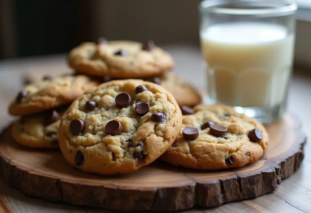 Freshly baked sourdough discard chocolate chip cookies with melted chocolate, perfect for serving.