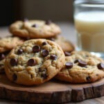 Freshly baked sourdough discard chocolate chip cookies with melted chocolate, perfect for serving.