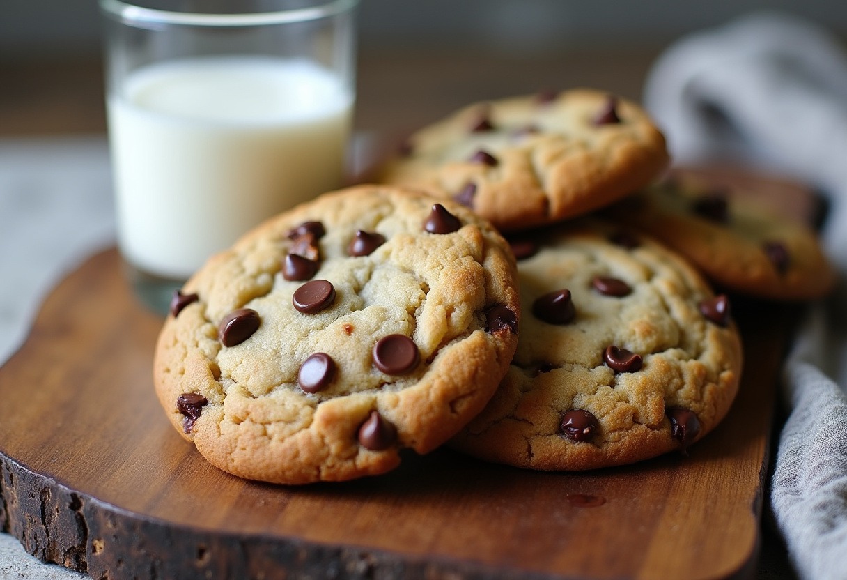 Freshly baked sourdough discard chocolate chip cookies with melted chocolate, perfect for serving.