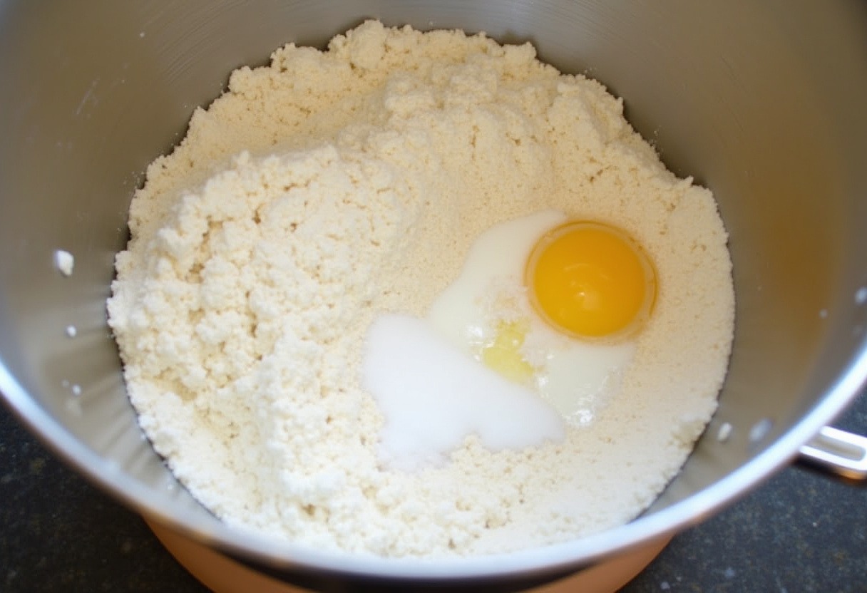 Mixing bowl with sourdough discard, flour, and sugar for Tasty Sourdough Discard Chocolate Chip Cookies.