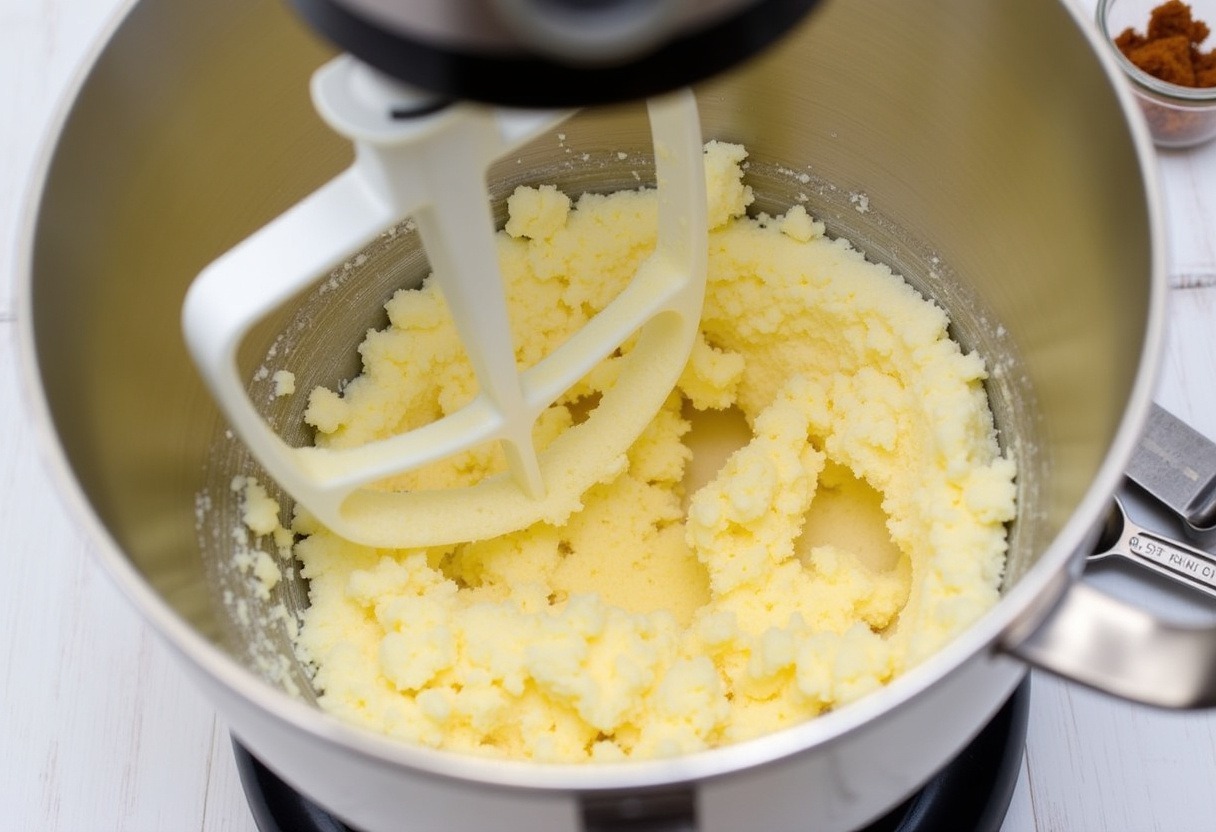 Butter, vanilla, and brown sugar being creamed in a stand mixer for sourdough chocolate chip cookies.