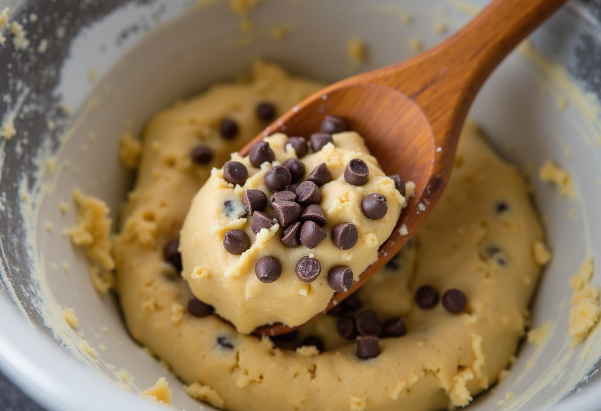 Chocolate chips being folded into sourdough cookie dough.