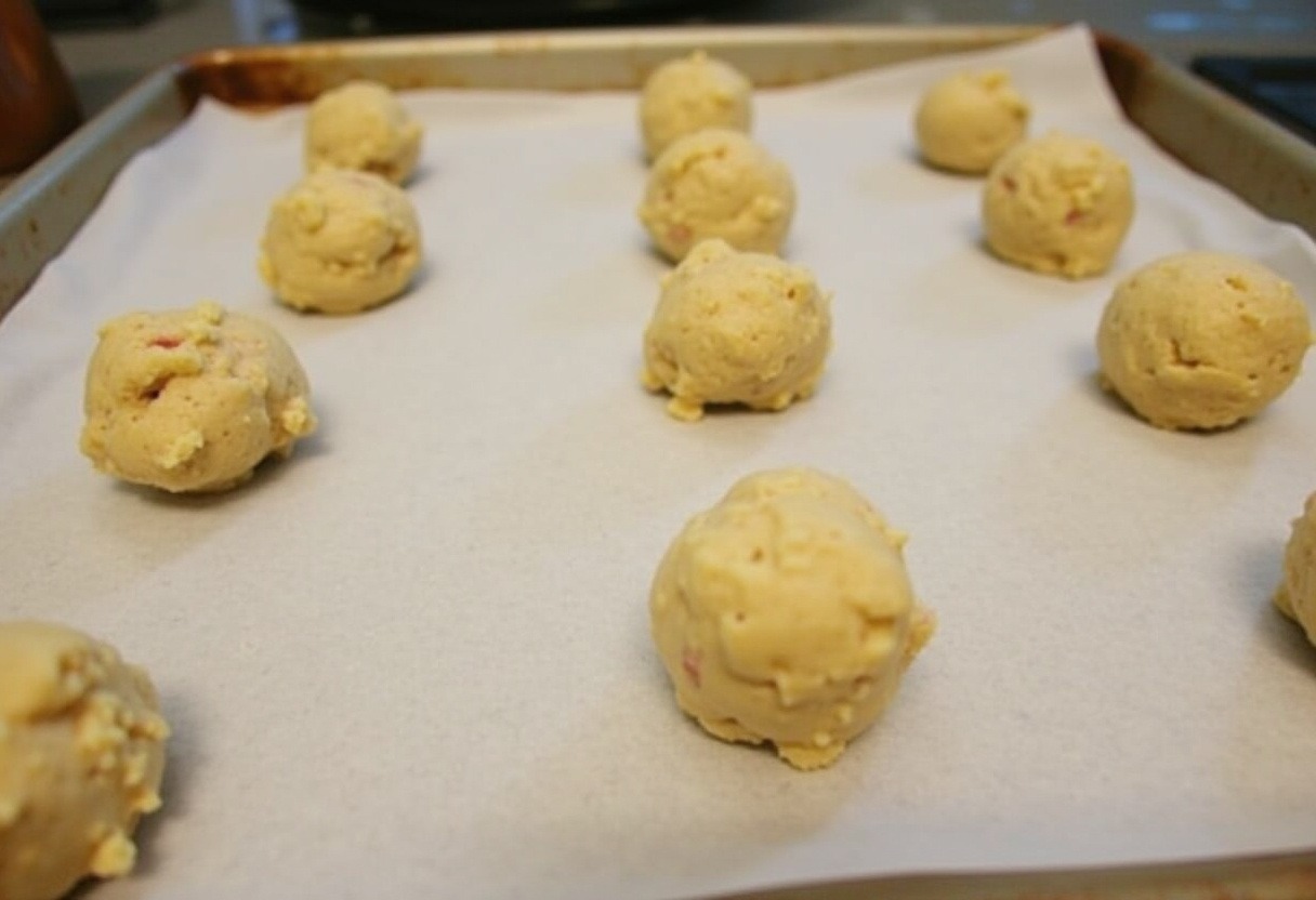 Cookie dough scoops on a baking sheet for Tasty Sourdough Discard Chocolate Chip Cookies.