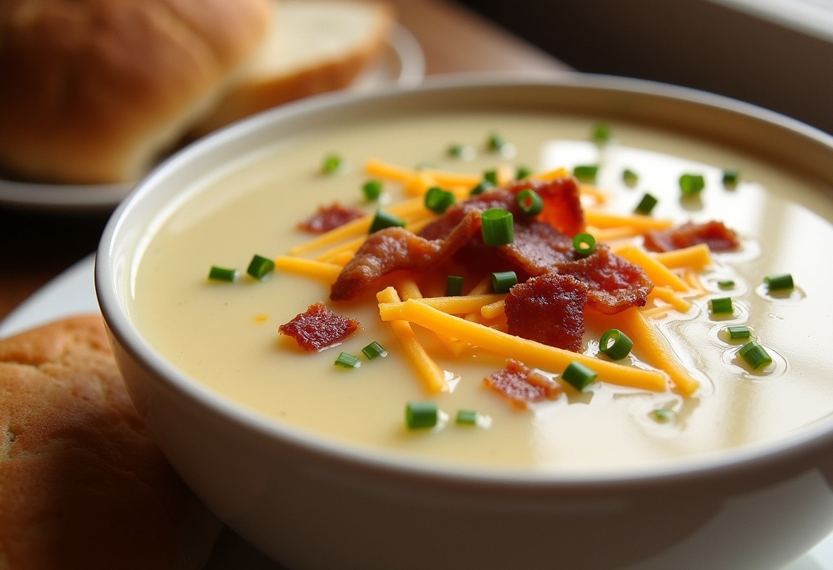 Creamy potato soup topped with bacon, cheese, and chives, a comforting meal.