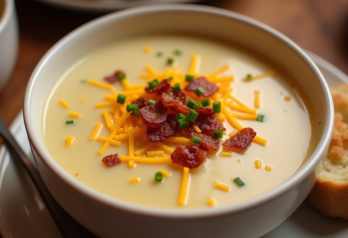 Creamy potato soup topped with bacon, cheese, and chives, a comforting meal.