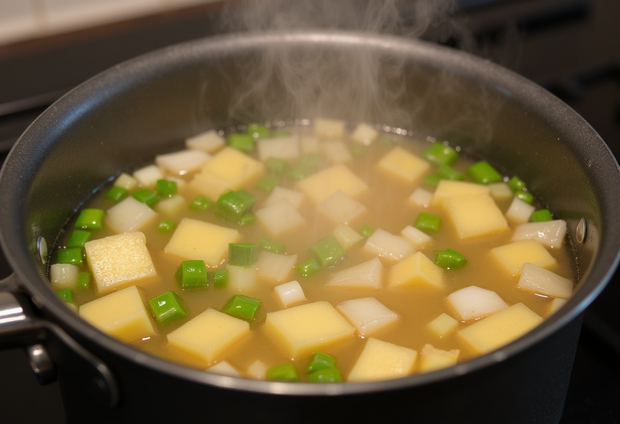 Diced potatoes, onions, and celery simmering in chicken broth for creamy potato soup.